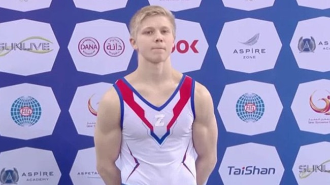 Russian gymnast Ivan Kuliak has been banned for displaying the pro-war symbol "Z" at a medal ceremony. Picture: Twitter/BetterknowYou