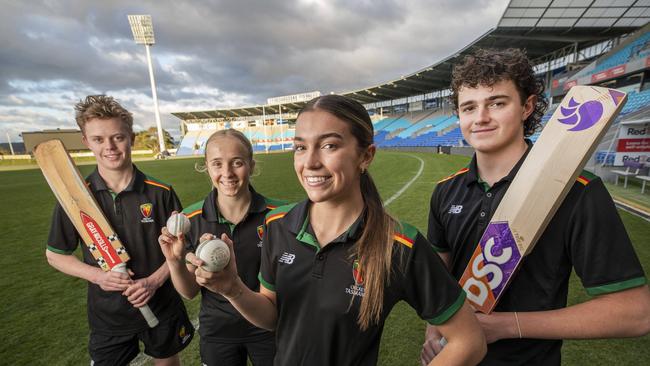 Emerging Tigers (L-R) Darcy Allen, Taylor Brooks, Sophia Di Venuto and Luca Di Venuto at Blundstone Arena. Picture: Chris Kidd