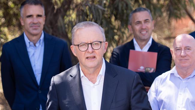 WHYALLA, AUSTRALIA - NewsWire Photos - 20 FEBRUARY, 2025: Australian Prime Minister Anthony Albanese addressing the media during a visit to the Whyalla Steelworks in South Australia. Picture: NewsWire / Tim Joy