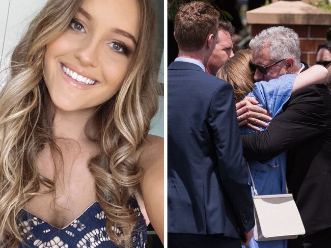 Hundreds of mourners have gathered for the final send off of slain water polo coach Lilie James, as her father issues a touching statement to the “vibrant young woman”.