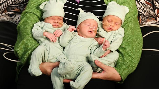 North Queensland Triplets Makaio, Mahana and Manawa were born to Mount Isa couple Casey and Reagan Thatcher, originally from Auckland, in Townsville University Hospital on October 25. The Maori names translate as ‘gift’, ‘sunshine’ and ‘heart’. Picture: Shae Beplate