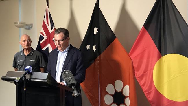 Chief Minister Michael Gunner addresses the media today after a worker at the Granites Gold Mine in Central Australia tested positive for coronavirus. Picture: Judith Aisthorpe