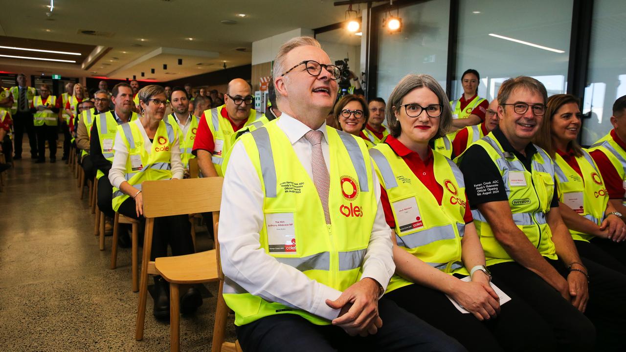 Prime Minister Anthony Albanese alongside Coles Group chief executive Leah Weckert at the opening of a Coles distribution centre in August. Picture: NewsWire / Gaye Gerard