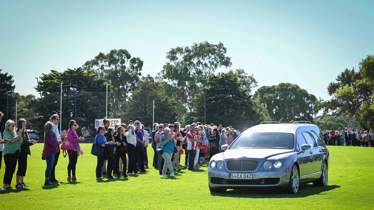 The body of Antonio Loiacono arriving at wake of the Hope Valley Football Club oval. Picture: NCA NewsWire / Naomi Jellicoe