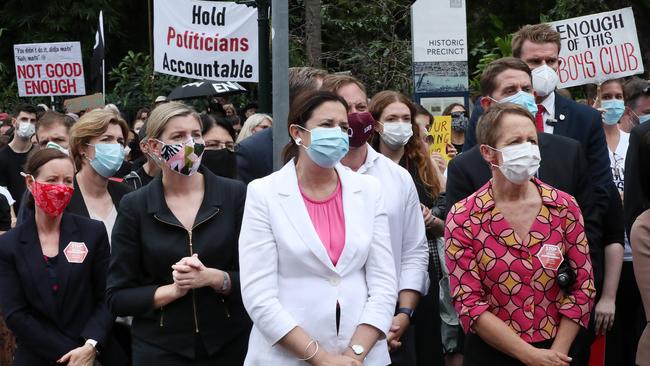 Premier Annastacia Palaszczuk with ministers Yvette D’Ath, Shannon Fentiman, Steven Miles, Cameron Dick and Di Farmer as the March 4 Justice rally arrives at Parliament House in Brisbane in 2021.