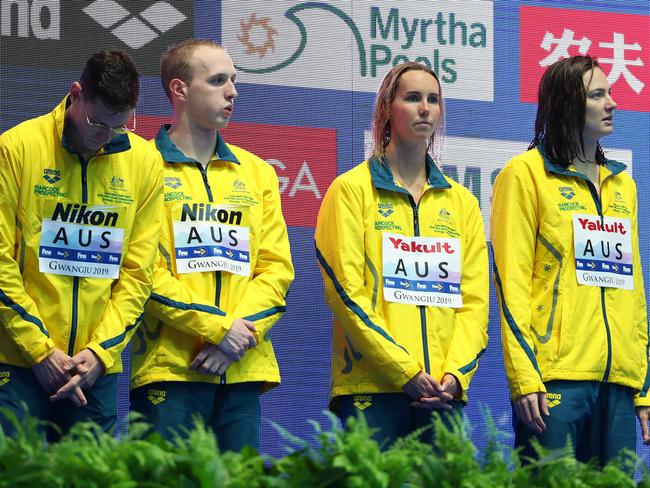 GWANGJU, SOUTH KOREA - JULY 24: Gold medalists Mitch Larkin, Matthew Wilson, Emma McKeon and Cate Campbell of Australia pose during the medal ceremony for the Mixed 4x100m Medley Relay Final on day four of the Gwangju 2019 FINA World Championships at Nambu International Aquatics Centre on July 24, 2019 in Gwangju, South Korea. (Photo by Maddie Meyer/Getty Images)