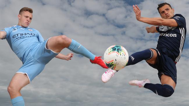 Melbourne City's Scott Galloway (left) and Melbourne Victory's Kristijan Dobras ahead of Saturday night’s derby clash..Picture: Michael Klein.