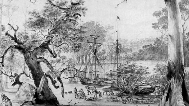 John Pascoe Fawkner's party disembarking at Port Phillip from the schooner "Enterprise" in the Yarra River in August 1835. Picture: La Trobe Picture Collection, State Library of Victoria