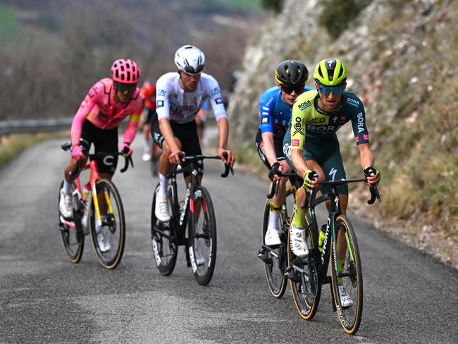 Aussie Jai Hindley leads Richard Carapaz, Juan Ayuso and Jonas Vingegaard in a breakaway during the 59th Tirreno-Adriatico in March. Picture: Getty