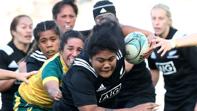 Aotearoa Mata'u of the Black Ferns is tackled during the international womens Test match.