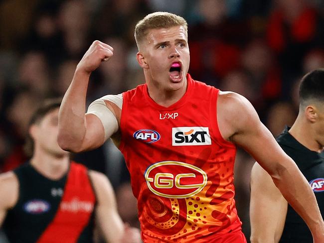 Jed Walter of the Suns celebrates a goal during the 2024 AFL Round 22 match. Picture: Michael Willson/AFL Photos via Getty Images.