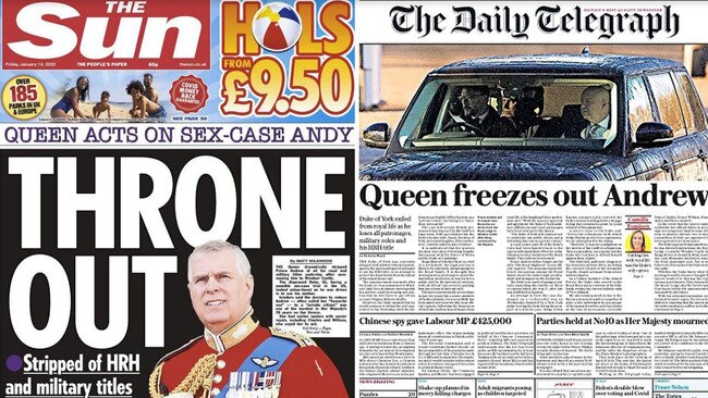 How UK papers reported the stripping of Prince Andrew's military titles. Pictures: Supplied