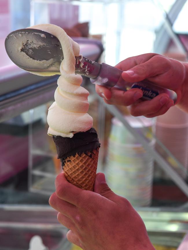 Rather than slap the gelato on from side to side, the shop has a unique twirling method learnt by founder Gino Maniaci in Sicily. Picture: Penny Stephens