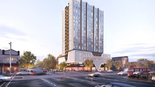 Artist image of the proposed 19-storey building for students proposed for Kensington next to the light rail.