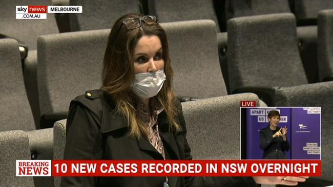 Peta Credlin speaks to Daniel Andrews at his press conference. Picture: Sky News via NCA Newswire