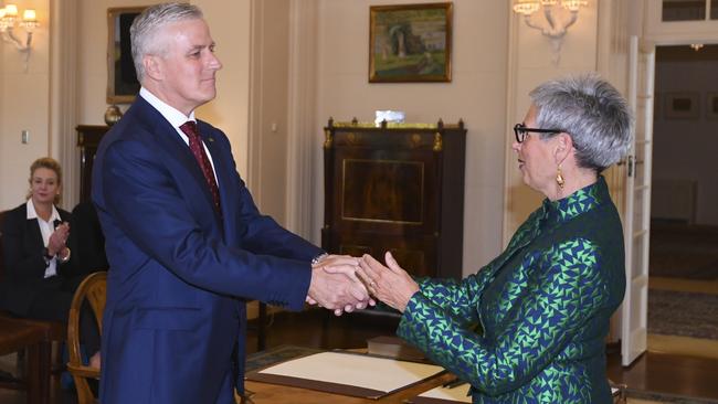 Michael McCormack is sworn in by the administrator of the government, Linda Dessau. Picture: AAP