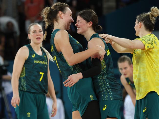 Alanna Smith and Jade Melbourne celebrate the win. Picture: Adam Head