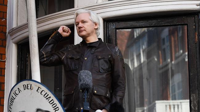 Wikileaks founder Julian Assange speaks on the balcony of the embassy in 2017. Picture: AFP