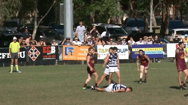 The tackle that almost cost Palm Beach-Currumbin player Jesse Derrick a chance to play the grand final. Photo: Supplied