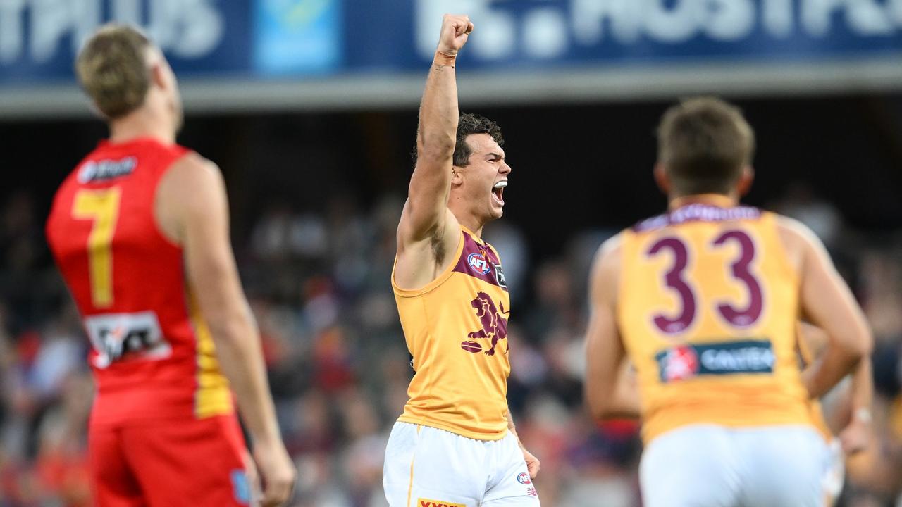 Cam Rayner celebrates kicking a goal in Brisbane’s weekend win over the Gold Coast Suns. Picture: Matt Roberts/AFL Photos/via Getty Images