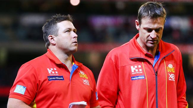 Suns head coach Stuart Dew with assistant coach Matthew Primus. Picture: Michael Dodge/Getty Images