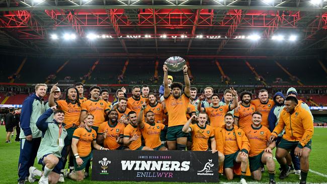 Rob Valetini lifts the James Bevan Trophy after their win over Wales. Picture: Dan Mullan/Getty Images/