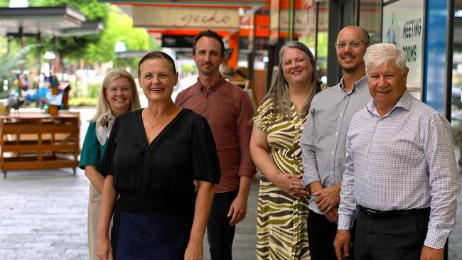 (Left to right): Debbie Rains of Gallivanter Travel, Townsville Chamber of Commerce president Miranda Mears, Mark Kennedy of Counterpoint Architecture, Chamber CEO Heidi Turner, Zammi Rohan, also of Counterpoint Architecture, and Craig Stack, a senior partner at Knight Frank, in the CBD. Picture: Supplied