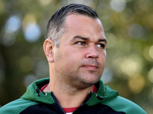 South Sydney Rabbitohs NRL coach Anthony Seibold arrives to speak to the media in Sydney, Friday, September 21, 2018. The Rabbitohs will play the Sydney Roosters in an NRL Preliminary Final on Saturday. (AAP Image/Joel Carrett) NO ARCHIVING