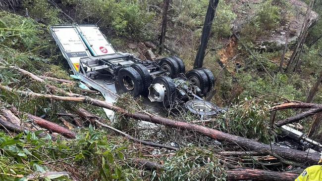 The truck had rolled off the Hume Highway and down 40m into a ditch near Colo Vale around 3am. Picture: NSW Police