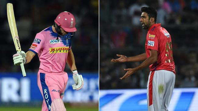 (COMBO) This combination of file pictures created on March 26, 2019 shows (L) Rajasthan Royals' Jos Buttler walking back to the pavilion after he was dismissed by Kings XI Punjab's Ravichandran Ashwin during the 2019 Indian Premier League (IPL) Twenty20 cricket match between Rajasthan Royals and Kings XI Punjab at the Sawai Mansingh Stadium in Jaipur on March 25; and (R) Ashwin reacting after dismissing Buttler during the same match at the Sawai Mansingh Stadium in Jaipur. - Spin legend Shane Warne led criticism of India's Ravichandran Ashwin on March 26 after a controversial run-out which put cricket's unloved 'Mankad' dismissal in the spotlight (Photos by Money SHARMA / AFP) / IMAGE RESTRICTED TO EDITORIAL USE - STRICTLY NO COMMERCIAL USE