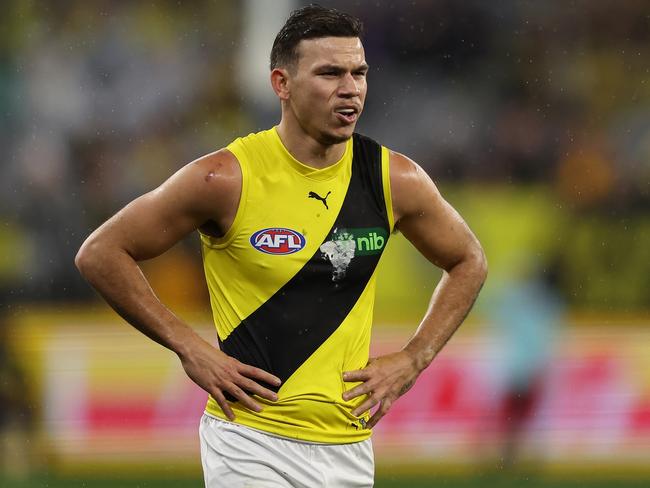 PERTH, AUSTRALIA - JULY 06: Daniel Rioli of the Tigers looks on during the 2024 AFL Round 17 match between the Fremantle Dockers and the Richmond Tigers at Optus Stadium on July 06, 2024 in Perth, Australia. (Photo by Will Russell/AFL Photos via Getty Images)