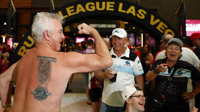 Sharks fan Scott Rae showing off his 2016 premiership tattoo at the Las Vegas Week Media Launch Picture: Jonathan Ng