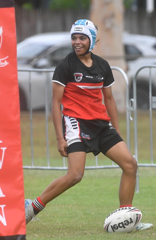 Kirwan State High School hosts St Patrick's College, Mackay, in round 1 of the 2025 Aaron Payne Cup. Millie Fulford completes her round 1 hat-trick. Picture: Evan Morgan