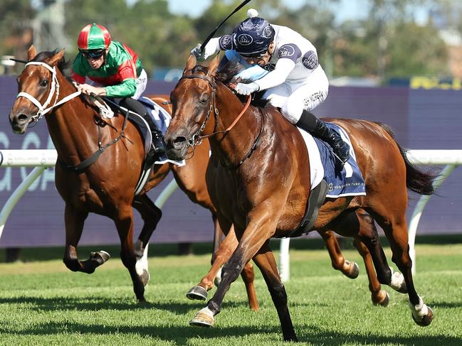 SYDNEY, AUSTRALIA - FEBRUARY 22: Ashley Morgan riding Our Anchorage win Race 7 Parramatta Cup during Sydney Racing at Rosehill Gardens on February 22, 2025 in Sydney, Australia. (Photo by Jeremy Ng/Getty Images)