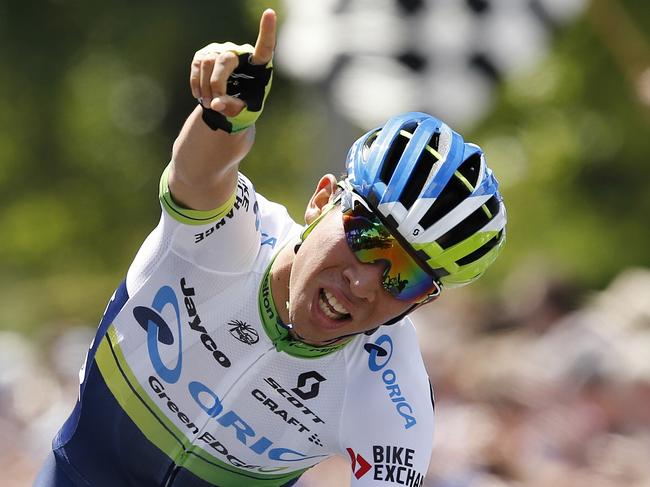 Herald Sun Tour Stage 2. Yarra Glen to Moe. Caleb Ewan f the Orica GreenEdge team wins stage 2 ahead of Tanner Putt and the yellow jersey Peter Kennaugh. Pic: Michael Klein