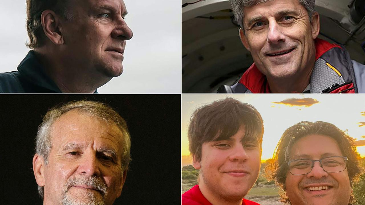 Passengers (L-R, top to bottom) Hamish Harding, Stockton Rush, Paul-Henri Nargeolet, Suleman Dawood and his father Shahzada Dawood. Picture: various sources/AFP