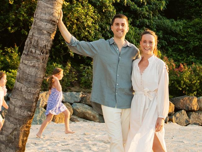 EMBARGO FOR WISH MAGAZINE, 02 MAY 2025. FEE MAY APPLY. Culinary team Josh and Julie Niland serve up a family-friendly approach at Hamilton Islands luxurious new boutique hotel, the Sundays. Pictured with their children on the sand at Hamilton Island, where the couple helm Catseye Pool Club restaurant within new boutique hotel, The Sundays. Photo: Kara Roselund