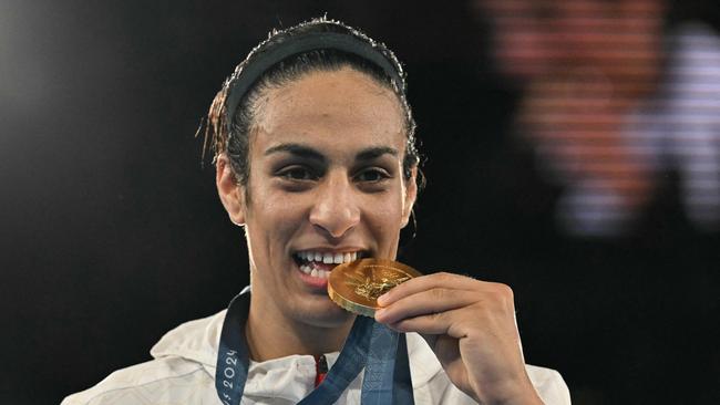 Imane Khelif won gold at the Paris Games, but won’t be competing in an upcoming event. (Photo by MOHD RASFAN / AFP)
