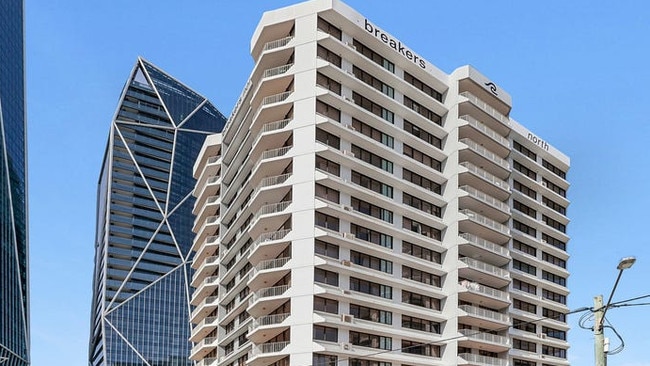 A one-bedroom, one-bathroom unit in the older-style Breakers tower at Surfers Paradise sold for $615,000