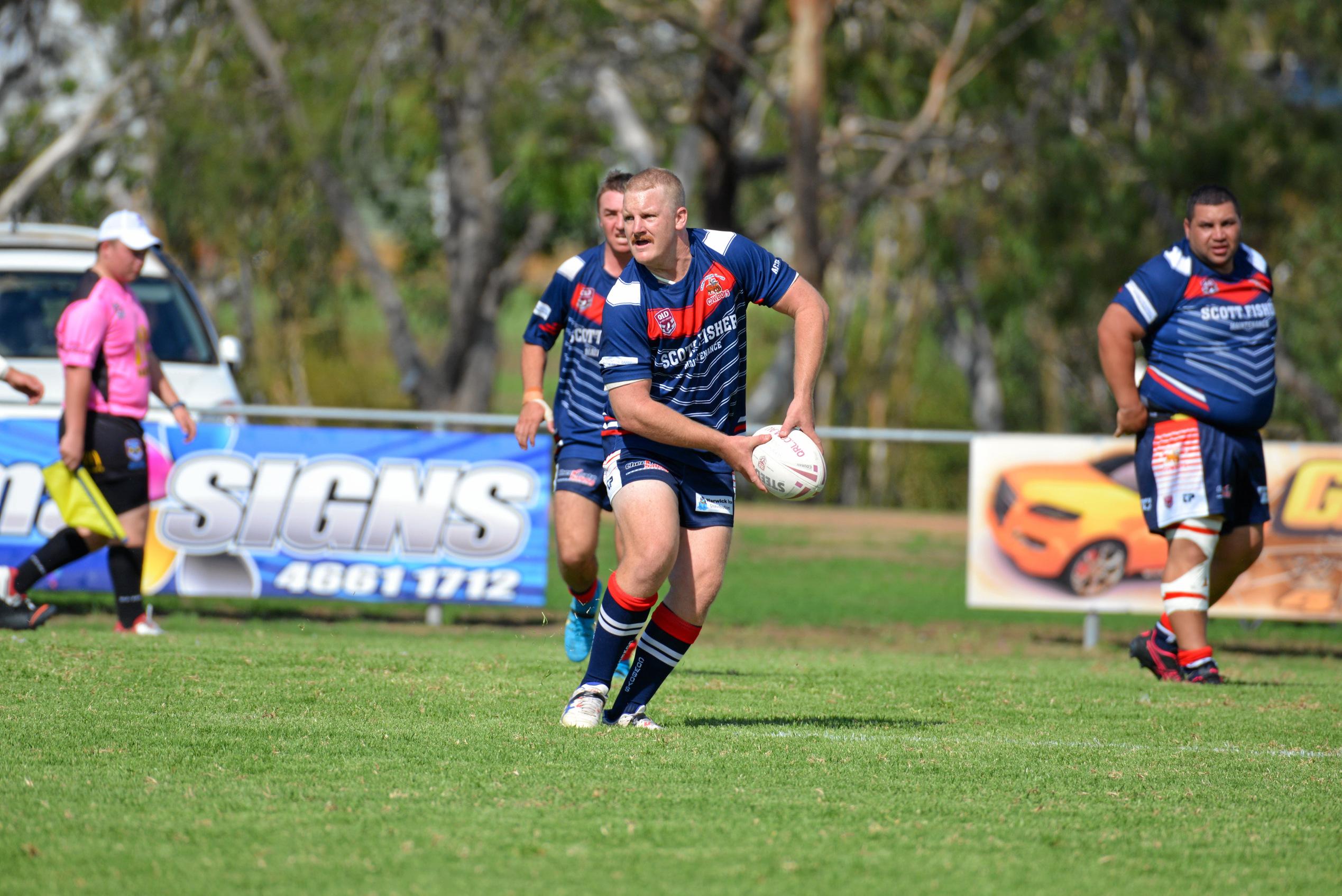 SEASON ON: Cowboys captain Scott Fisher passes in the 38-16 loss to Stanthorpe in second division at Father Ranger Oval. Picture: Gerard Walsh