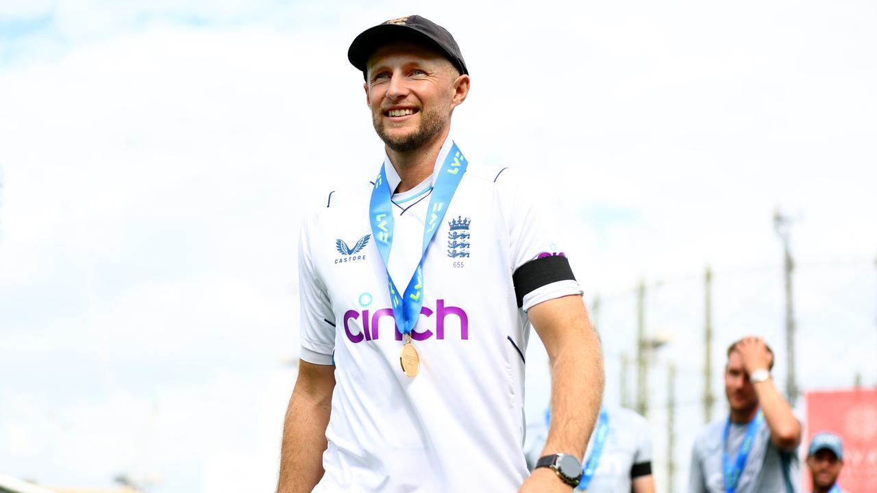 England player Joe Root smiles as he leaves the field after day five of the Third Test Match between England and South Africa at The Kia Oval on September 12, 2022 in London, England. (Photo by Clive Rose/Getty Images)