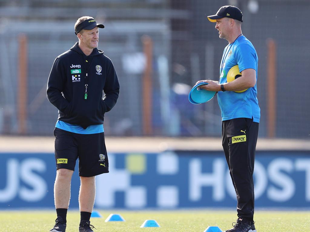 Damien Hardwick speaking with Richmond’s physical performance manager Peter Burge during last season. Picture: Michael Klein