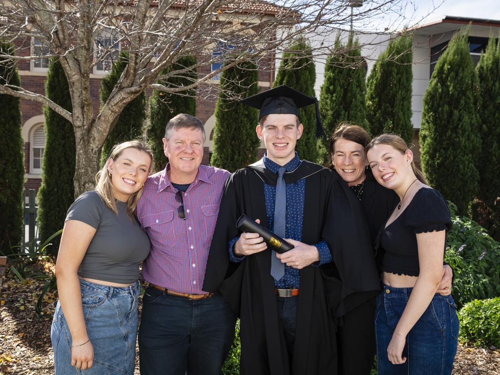 Bachelor of Creative Arts (Music) graduate William Jamieson with family (from left) Krysta, Ian, Sharon and Katie Jamieson at a UniSQ graduation ceremony at Empire Theatres, Wednesday, June 28, 2023. Picture: Kevin Farmer