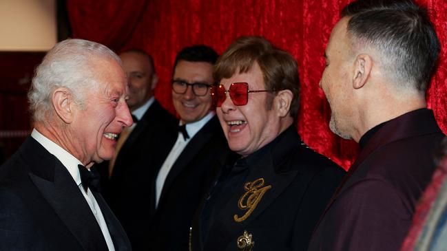 King Charles III meets with Sir Elton John and David Furnish at the Royal Albert Hall on November 22. Picture: Toby Melville/Getty Images