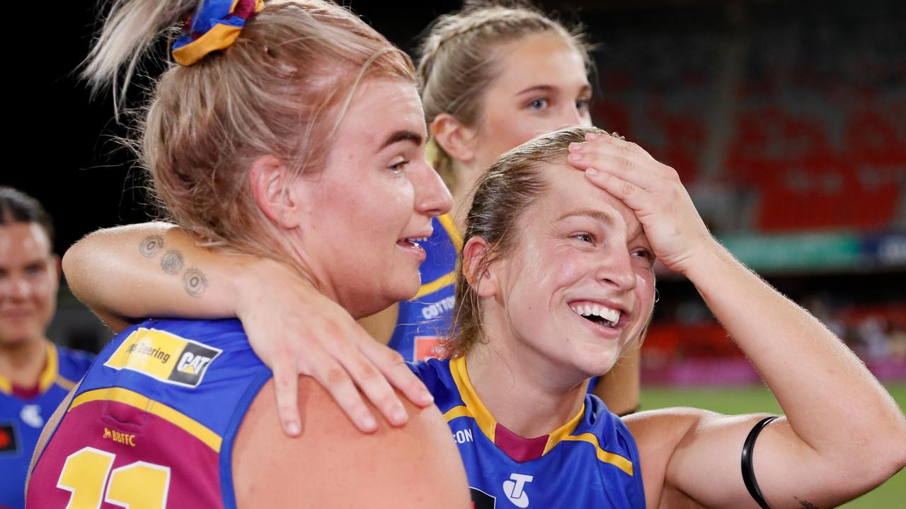 Lion Isabel Dawes celebrates with teammates after reaching the AFLW grand final. Picture: Dylan Burns