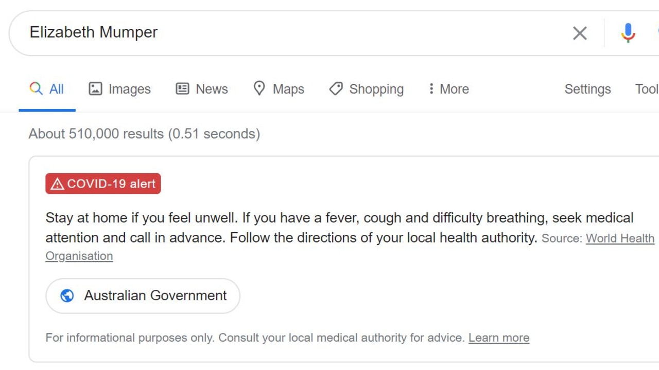 Searching for Elizabeth Mumper pops up a warning from Google about coronavirus.