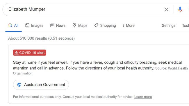 Searching for Elizabeth Mumper pops up a warning from Google about coronavirus.