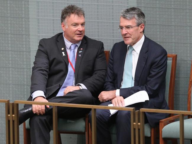 Shadow Attorney General Mark Dreyfus talkative to One Nation Senator Rod Culleton in visitors' seating on the floor during Question Time in the House of Representatives in Canberra today. Picture: Ray Strange.