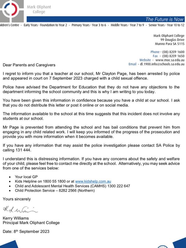 A letter from MOC that was sent around to parents/caregivers after Page's arrest. Picture: Supplied