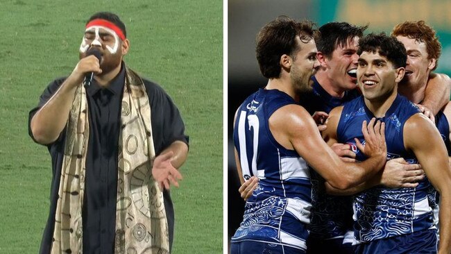 The AFL's Welcome to Country before the Cats took on Gold Coast. Photos: Fox Sports/Getty Images